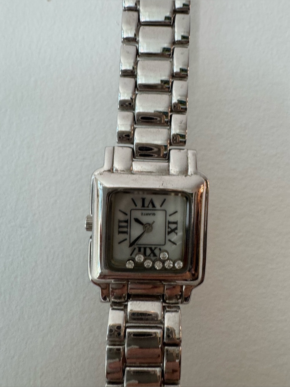 Vintage Floating Rhinestones Square Roman Numeral Silver Tone Link Watch